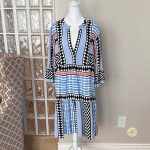 THML 3/4 Sleeve Geometric Dress - Blue, Coral and Black